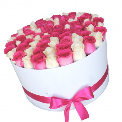 101 роза микс в шляпной (круглой) коробке